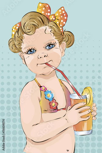 Plakat na zamówienie Retro style baby girl with glass of juice on a beach