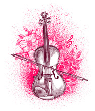 Hand Drawn Classical Violin And Bow. Musical Instrument. Vector Illustration