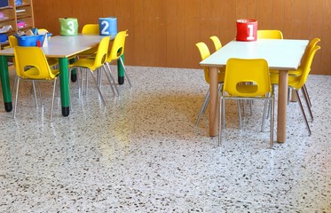 Wall Mural - desk of a daycare with small chairs