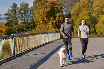 Poster - happy couple with dog running outdoors