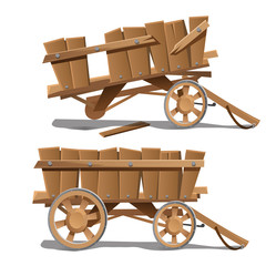 Two images of old wooden carts, new and broken