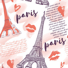 Paris. Vintage Seamless Pattern With Eiffel Tower, Kisses, Hearts And Watercolor Splashes. Retro Hand Drawn Vector Illustration.