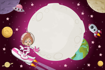 astronaut cartoon girl flying in the space with a futuristic rocket skate board.