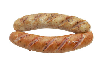 Fried smoked sausages or bratwurst isolated on white background