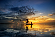Silhouette Of Fish Lift Nets Fisherman ,Wanonniwat ,Sakon Nakhon, Thailand