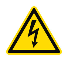 Flat Icon Danger High Voltage. Black Arrow In Yellow Triangle Isolated On White Background. Vector Illustration.