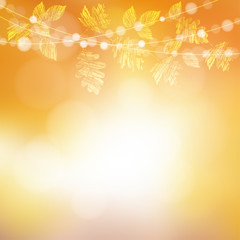 Wall Mural - autumn, fall background. greeting card with maple, oak leaves and bokeh lights. party string decorat