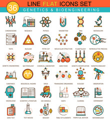  Vector Genetics and biochemistry technology flat line icon set. Modern elegant style design for web.