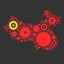 China Map Silhouette Mosaic Of Cogs And Gears. Illustration In National Colors On Dark Grey Background.