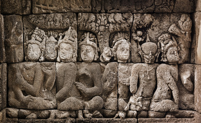 Sticker - Buddhist carved relief at medieval Borobudur temple on Java, Ind