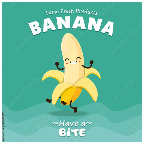 Vintage Banana poster design with vector banana character. Stock Vector