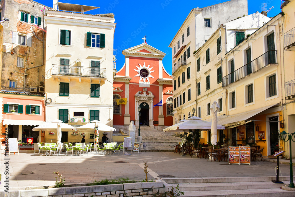 Corfu Town main square. Kerkyra island, in the Mediterranean sea - obrazy, fototapety, plakaty 
