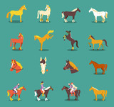 Fototapeta Dinusie - Group of the horses isolated on the blue background.
