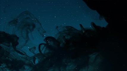 stars in a dark blue sky being covered by a strange thick black cloud, black smoke or invading pollu