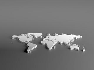 real 3d white silver world map with terrain on gray background. image for infographics, business, tr