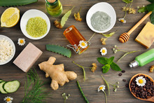 Natural Ingredients For Skin Care On Wooden Background