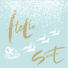 Happy New Year Lettering Design. Santa Claus Drives Sledge. Golden Snow. Vector Illustration.
