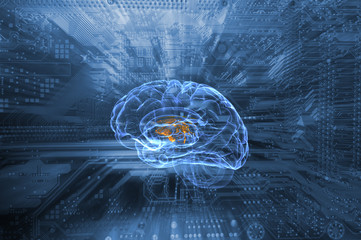 schematic of human brain and communication via circuit-board, artificial intelligence