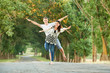 © soleg - happy young couple walk on country road outdoor, romantic people concept, summer season