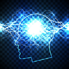 Wall Mural - power of human mind concept - head filled with storm of thoughts - realistic white lightning bolt cr