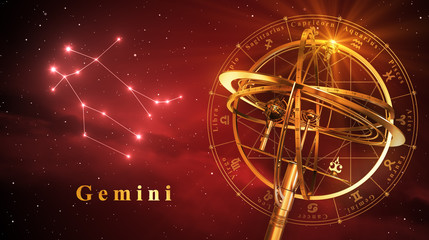 Wall Mural - armillary sphere and constellation gemini over red background