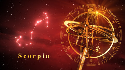 Wall Mural - armillary sphere and constellation scorpio over red background
