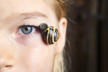 Wall Mural - Portrait of cute blond child girl with snail on her face