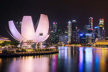 Singapore Skyline And Marina Bay View At Night