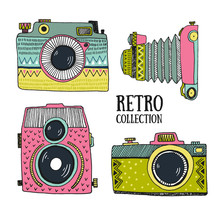 Retro Photo Cameras Set. Vector Illustration. Vintage Cameras With Ornaments. Hipster Vector Set.