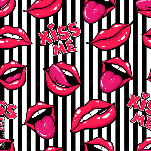 Cotton fabric Female lips. Mouth with a kiss, smile, tongue, teeth and kiss me lettering on black and white background. Vector comic seamless pattern in pop art retro style.