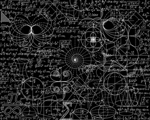 Wall Mural - Mathematical vector seamless pattern with math calculations, formulas, plots, figures and equations shuffled together. You can use any color of background