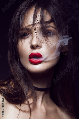 Beautiful Sexy Brunette Girl With Bright Makeup Red Lips Smoke From Mouth Beauty Face Stock 