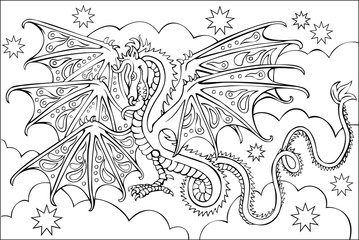 Wall Mural - Page with black and white drawing of dragon for coloring. Developing children skills for drawing. Vector image.