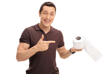 Poster - Man pointing on a roll of toilet paper