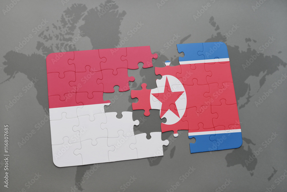 puzzle with the national flag of indonesia and north korea on a world ...