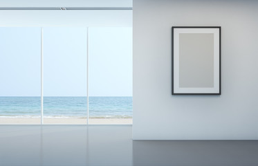 Sea view room with blank picture frame on white wall - 3D rendering