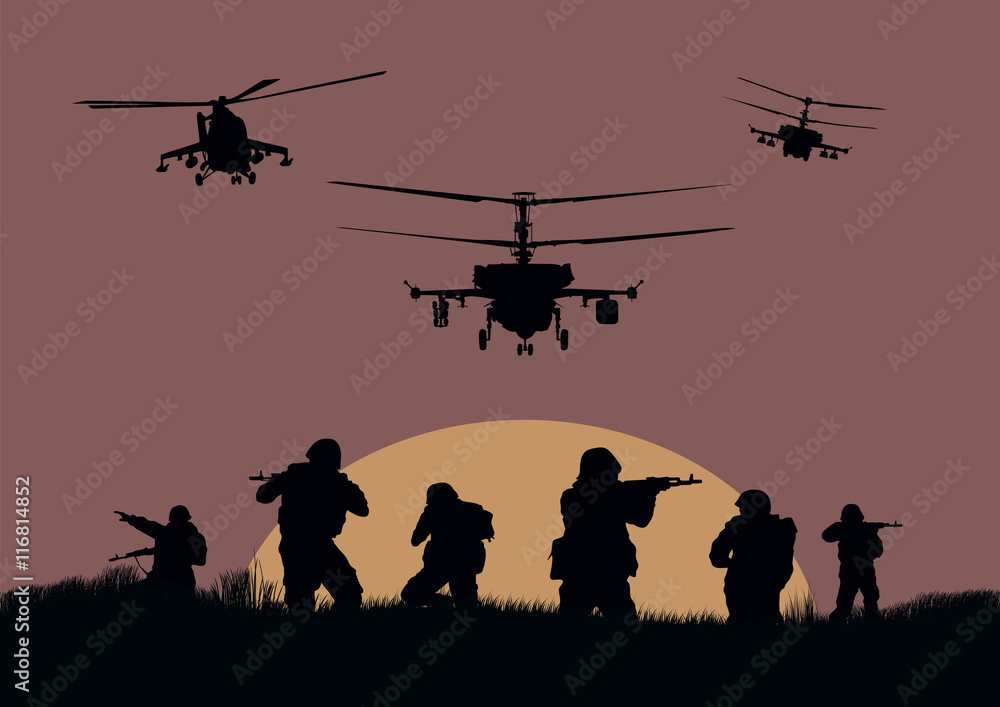 Illustration, the soldiers going to attack and helicopters.
