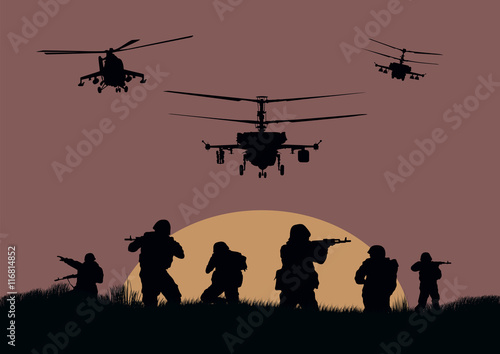 Plakat Ilustracja, żołnierze zamierzają zaatakować i śmigłowce.