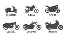 Motorcycle Type And Model Objects Icons Set.