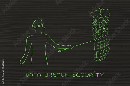 Fotografie, Obraz masked man stealing files from cloud with download icon, data th