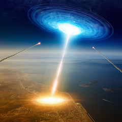 Wall Mural - aliens spaceship hits big town near sea, aliens invasion, missil