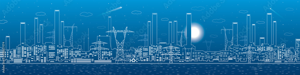 Power plant, electricity lines, energy and industrial panoramic, infrastructure, vector design art - obrazy, fototapety, plakaty 