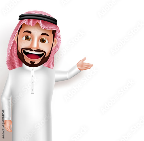 Saudi arab man vector character wearing thobe happy showing empty white ...