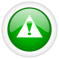 Green glossy round web warning vector icon