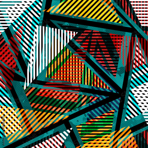 Obraz na płótnie canvas czteroczęściowy "tetraptyk" Graffiti kolorowe obiekty geometryczne na czarnym tle