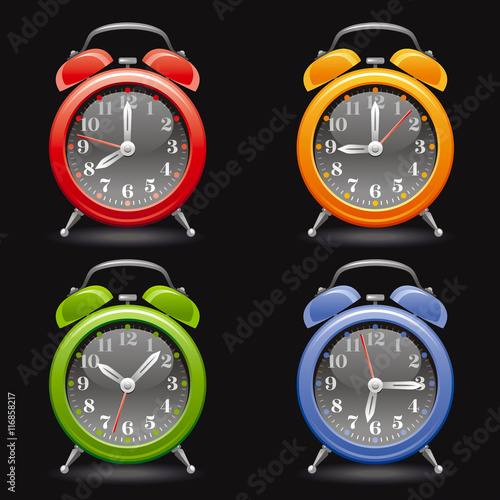 Vector Illustration Of Alarm Clock Icon Set In Red Yellow Green Blue Colors On Black Background Abstract Vintage Design Template Different Time On Dial Stock Vector Adobe Stock