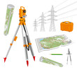 Surveying instruments - theodolite with maps and compasses, pencil, power lines. Isolated vector set illustrations on white background. Vector illustration. eps 10.
