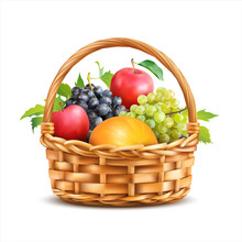 Basket With Fruits Isolated On White. Vector Illustration.