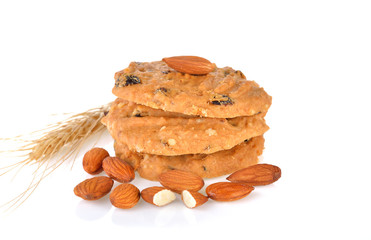 cookies chocolate chip  and almond on white background