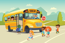 School Bus Traffic Stop Law Flayer . Back To School Safety Concept. Kids Riding On School Bus. Child Boarding School Bus. Kids Crossing The Road. Vector Illustration.